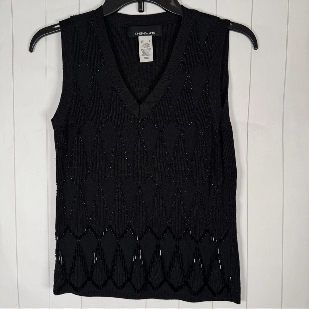 VTG Jones New York Beaded Argyle Black Tank Top Blouse Black Classy Elegant M